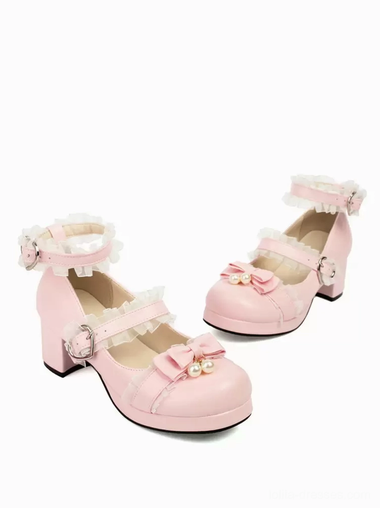 Pink Sweet Lolita Mary Jane block heel pumps with pearl bow and ruffled ankle straps, top-down overhead still-life view showcasing glossy PU leather finish