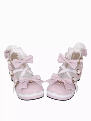 pink sweet lolita mary jane shoes front view dual bows heart buckles lace trim round toe chunky heel