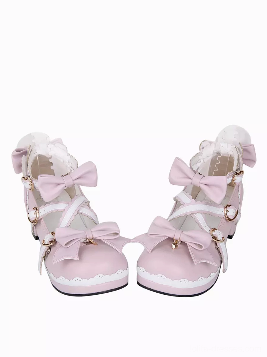 pink sweet lolita mary jane shoes front view dual bows heart buckles lace trim round toe chunky heel