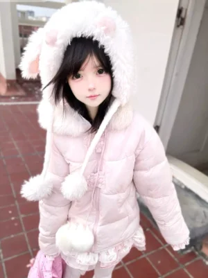 Pink sweet lolita padded quilted winter coat with fluffy bunny ear hood and pom pom tassels front full body view young girl model wearing coat outdoor red brick background