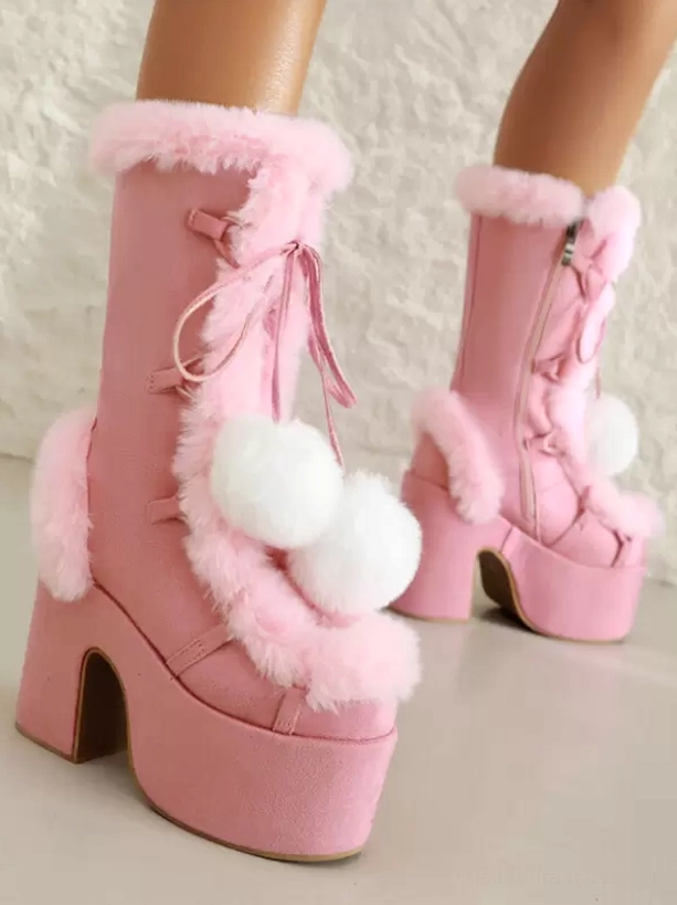 pink mid-calf lolita platform boots front angle pink fuzzy fur white pom-pom bows pink lace-up