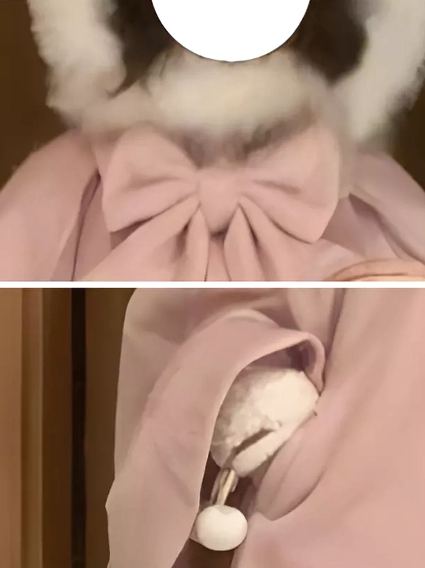 pink-sweet-lolita-poncho-cape-bow-collar-furry-hood-trim-close-up-detail-top-down-view