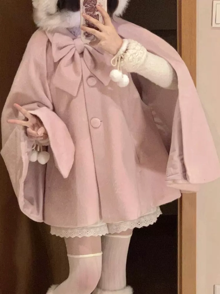 pink-sweet-lolita-poncho-cape-flared-sleeves-white-pompom-wrist-trim-side-mirror-view