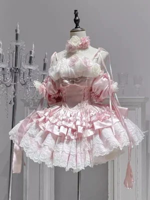 Pink sweet lolita princess ball gown dress sleeveless with ruffled layers front three-quarter view on dress form