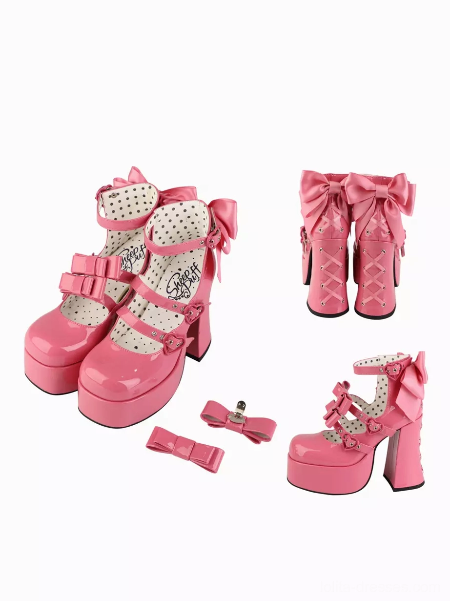 Pink sweet lolita pump variants with interchangeable bow straps and glossy pink PU leather, flat lay display on plain white background showing design details