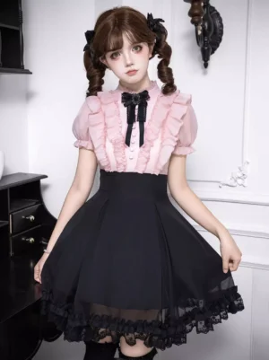 Pink sweet lolita two-piece outfit ruffle top black lace skirt vintage indoor styling