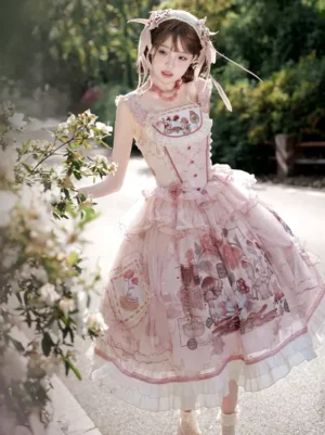 Pink sweet lolita dress sleeveless square neckline with ruffled lace trim outdoor garden setting side view