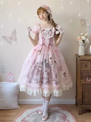 Sweet lolita dress pink tulle overlay puffed short sleeves white ruffled hem vintage home interior styling