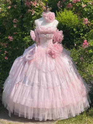Pink sweet lolita wedding dress rococo ball gown front view sleeveless strapless tiered tulle skirt 3D fabric flowers ruffled bodice