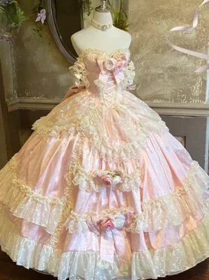 Pink sweet lolita sleeveless wedding dress front view mannequin tiered ruffled lace skirt 3D floral appliques