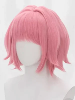 Pink sweet lolita wig with blunt bangs and wavy flipped ends displayed on white mannequin head from left front three-quarter angle view