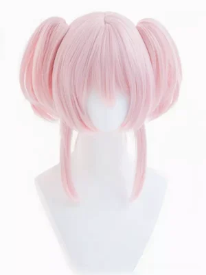 Pink twin-tail Lolita wig with blunt bangs and face-framing layers - front view sweet lolita heat-resistant fiber wig