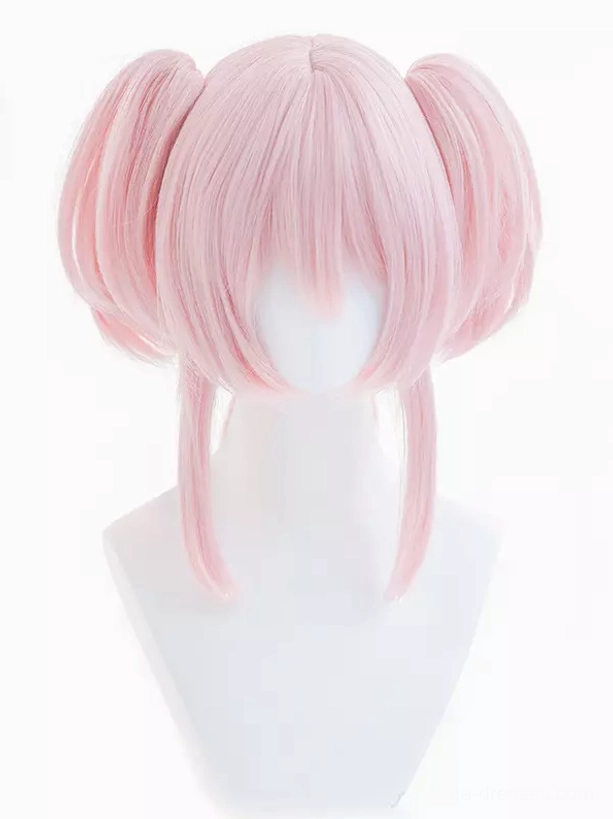 Pink twin-tail Lolita wig with blunt bangs and face-framing layers - front view sweet lolita heat-resistant fiber wig