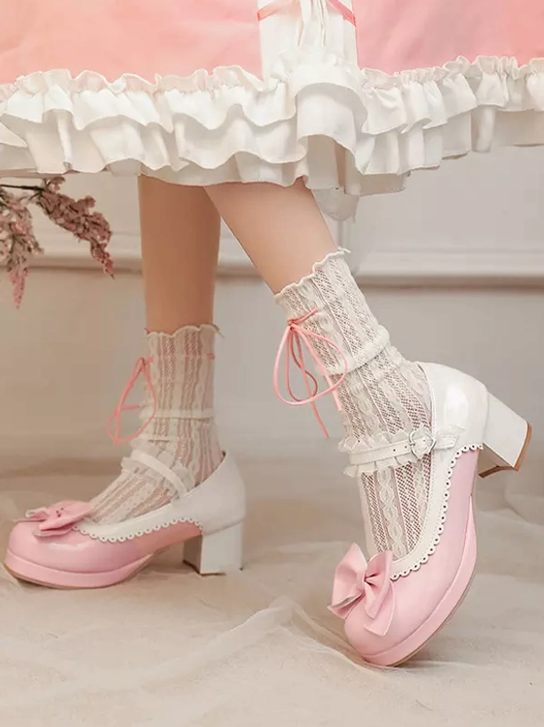 Mixed view of pastel pink and white sweet Lolita pumps with dual bow details, patent leather finish, Mary Jane strap, worn with ruffled skirt and lace socks