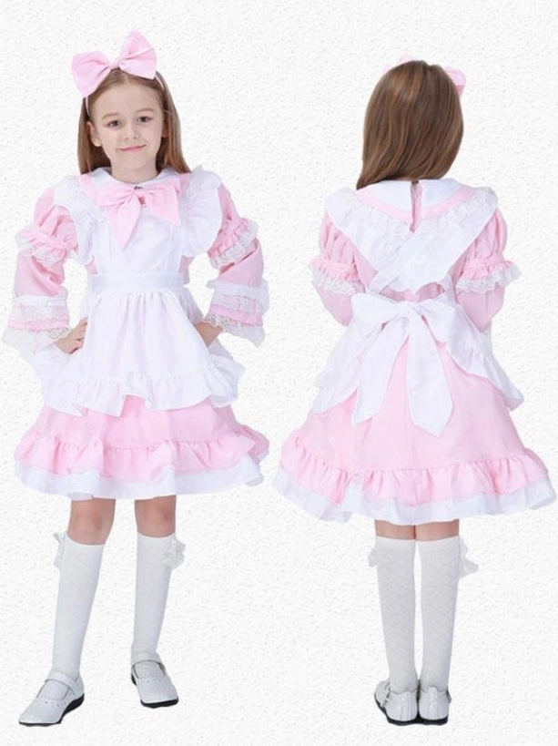 Pink and white maid lolita op dress featuring back bow, ruffled tiered skirt, lace trim and matching white socks displayed on child models from front and back perspectives