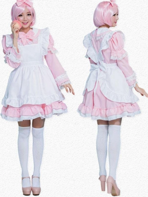 Pink and white maid lolita op dress with puffed long sleeves, white apron detail, back bow and layered ruffled hem worn by female adult models with pink wigs