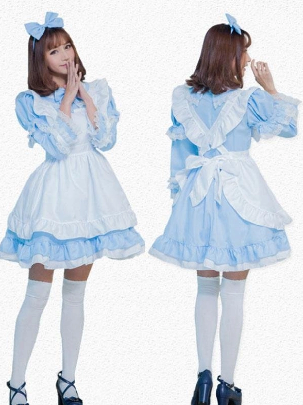 Pink and white maid lolita dress shown on mannequin with long puffed sleeves, front decorative bow, layered ruffled hem, lace embellishments and coordinating pink bow hair headpiece