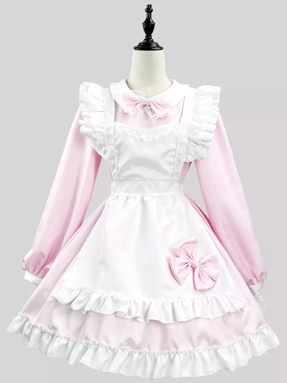 Pink and white maid lolita dress on dress form front view showing ruffled apron peter pan collar big bow