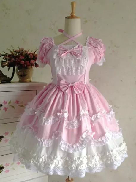 Pink and white rococo lolita JSK with puffed sleeves double bows and fluffy layered ruffled skirt