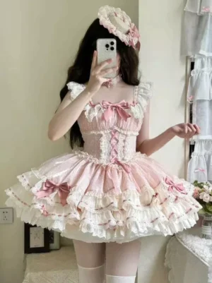 Pink and white sweet ballet lolita dress with lace-up corset bodice, ruffled shoulder straps, and matching hat front view mirror selfie
