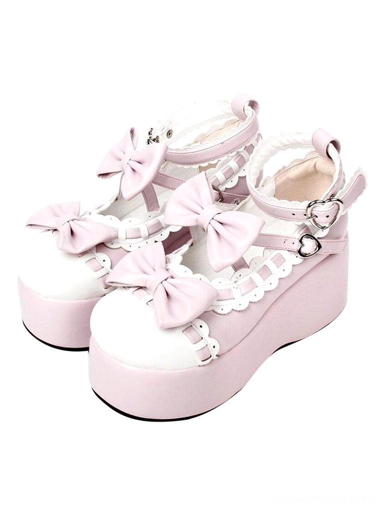Pink and white sweet lolita platform shoes with pink bows heart buckle thick platform sole