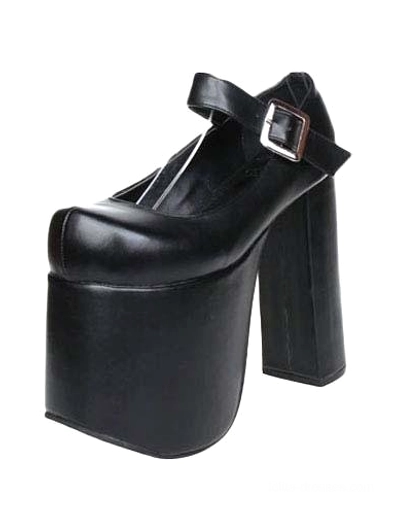 Platform Mary Jane lolita buckled heels black front-side three-quarter view smooth leather wide block heel metal buckle