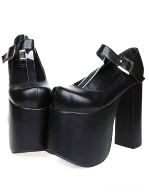 Platform Mary Jane lolita buckle heels black leather pair front three-quarter view thick block heel metal ankle strap