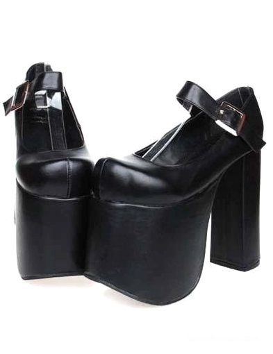 Platform Mary Jane lolita buckle heels black leather pair front three-quarter view thick block heel metal ankle strap