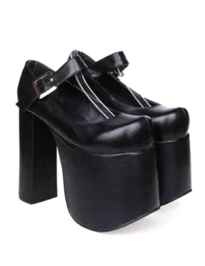 Platform Mary Jane lolita high heels black top front view oversized platform sole T-shaped ankle strap with buckle