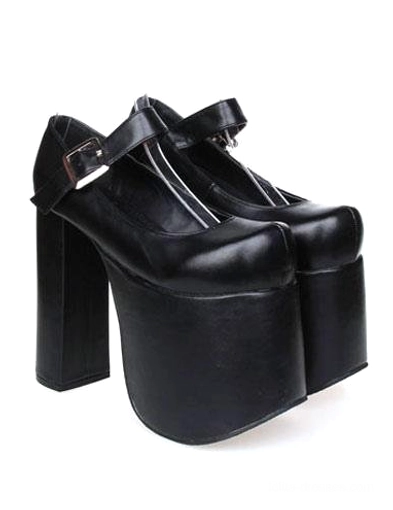 Platform Mary Jane lolita high heels black top front view oversized platform sole T-shaped ankle strap with buckle