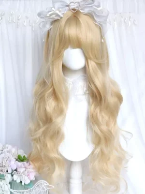 80cm platinum blonde heat-resistant Lolita wig with air bangs and white heart-shaped bow hair accessory sweet aesthetic