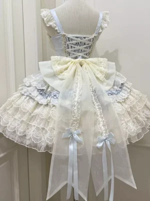 Powder blue cream lolita detachable train skirt with bow embellishments and layered lace construction, back view dress form