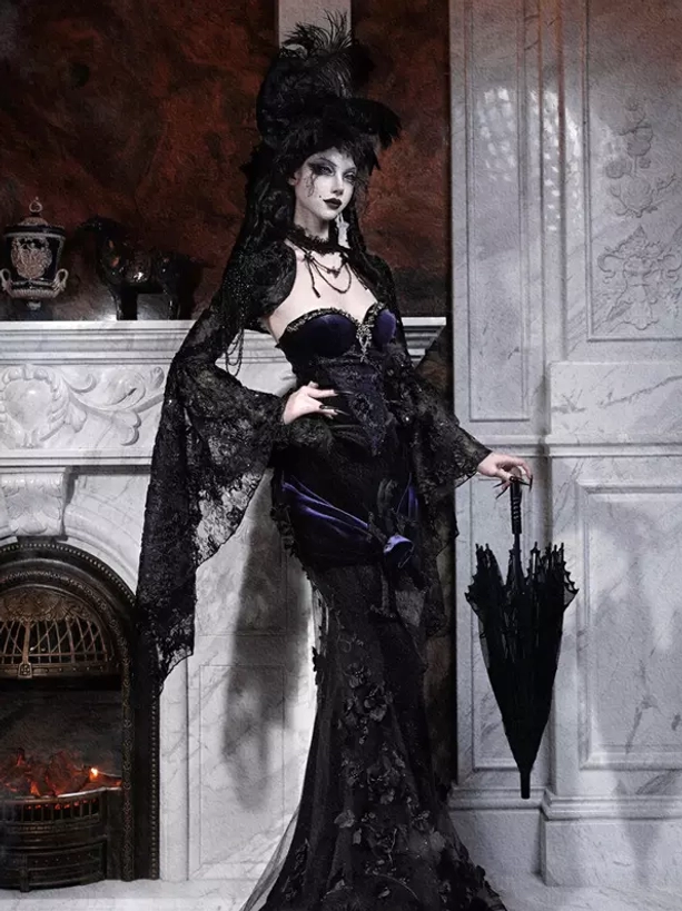 Premium black gothic lolita corset bustier showing structured boning and crystal-studded bust design for flattering silhouette