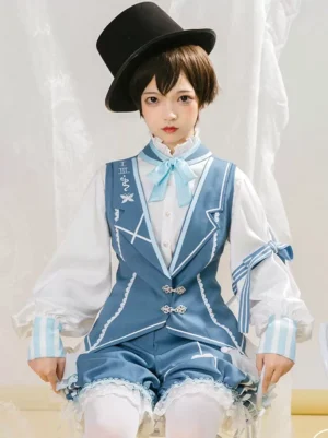 Prince lolita cosplay full outfit coordinates with blue vest striped cuffs bow tie top hat white stockings