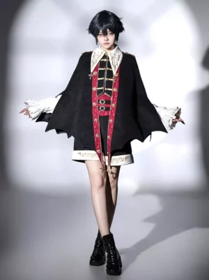 Prince style ouji lolita black and red gothic overcoat outfit front full body view with bat wing cape and embroidered short pants