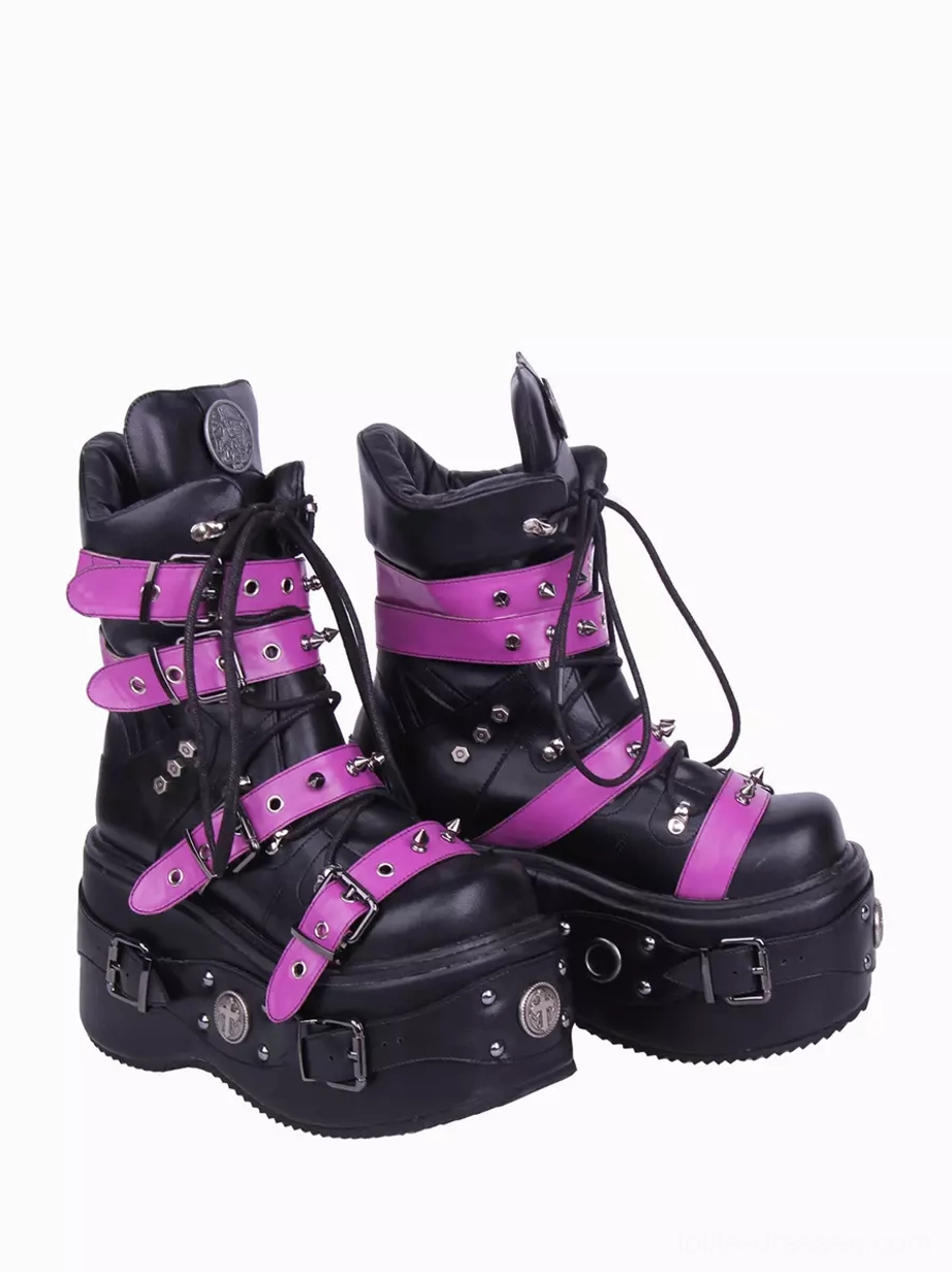 Pair punk gothic lolita boots back three-quarter view metal emblems studded heel details decorative rivets