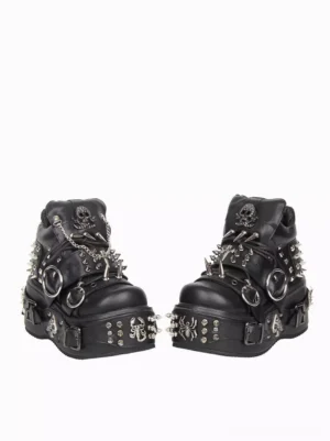 Punk gothic lolita ankle boots side paired view showing spiked studs skull badges metal hardware and platform construction