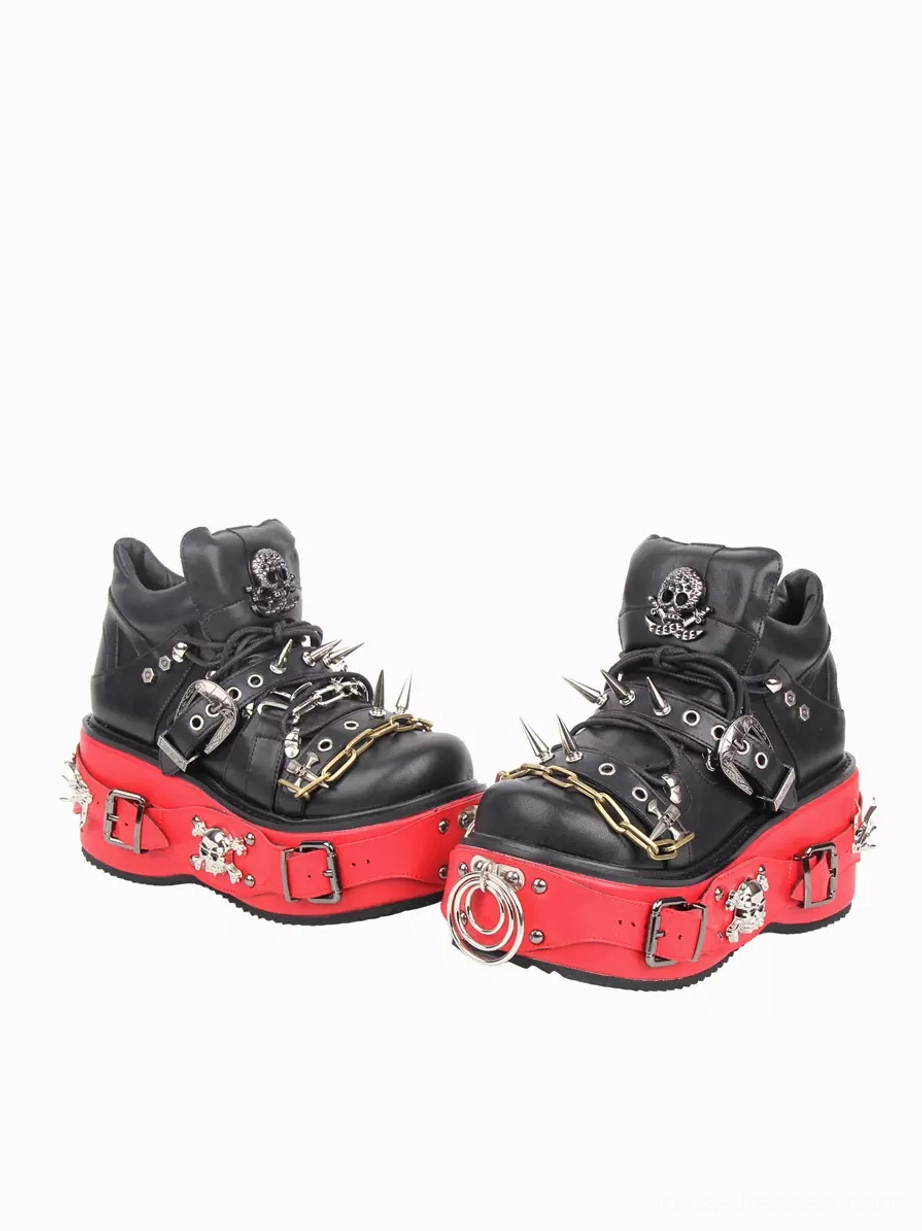 Punk Gothic Lolita ankle boots side-front paired view showing thick red sole metal decorations rivets and spike embellishments black PU leather