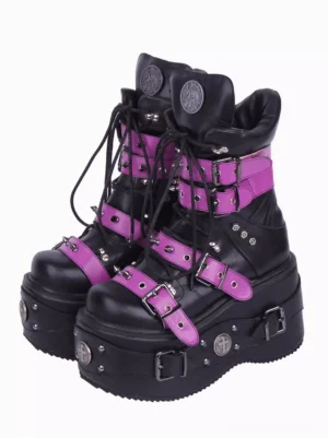 Punk gothic lolita platform boots pair front view black pu leather purple straps metal rivets grommets wedge heel
