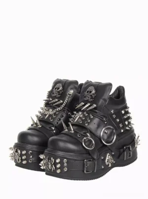 Punk gothic lolita platform ankle boots black leather front three-quarter view with spike studs skull metal buckles and thick wedge sole