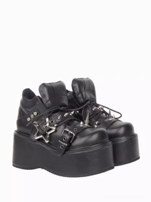 Punk gothic lolita platform ankle boots side view with studded hardware silver star accents thick wedge sole