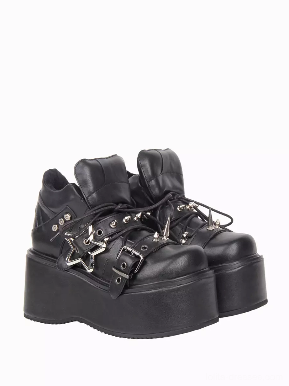 Punk gothic lolita platform ankle boots side view with studded hardware silver star accents thick wedge sole