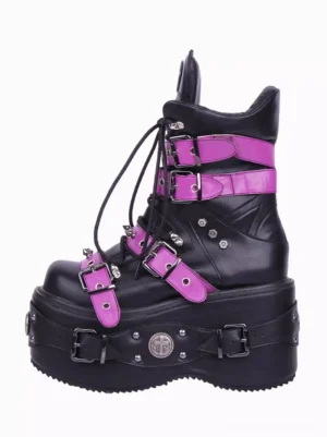 Single punk lolita ankle boot right side three-quarter view thick wedge platform silver metal buckles lace-up design