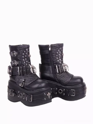 Punk style Lolita boots with side zipper closure studded upper and multiple buckle straps side three-quarter view