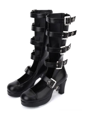 Punk style adjustable buckle mid-calf boots in solid black leather with cross metal embellishments, frontal paired display showcasing the full boot silhouette