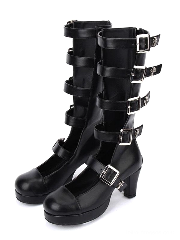 Punk style adjustable buckle mid-calf boots in solid black leather with cross metal embellishments, frontal paired display showcasing the full boot silhouette