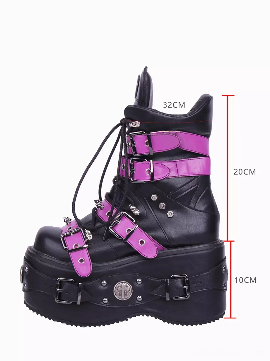 Punk gothic lolita platform boot measurements 32cm total height 10cm platform black purple color scheme size reference