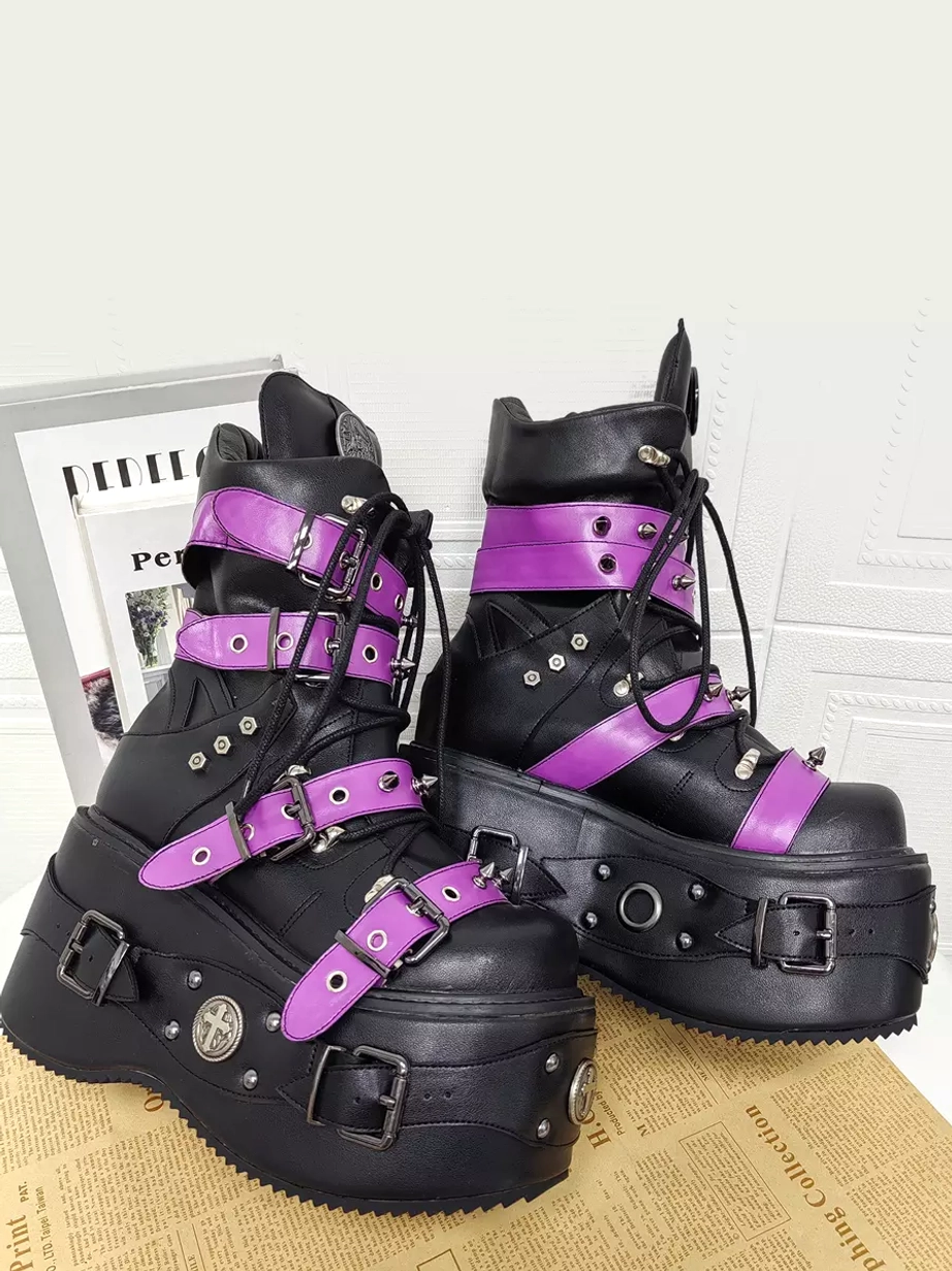 Punk lolita platform boots side profile view grommets purple straps metal emblems non-slip studded sole construction