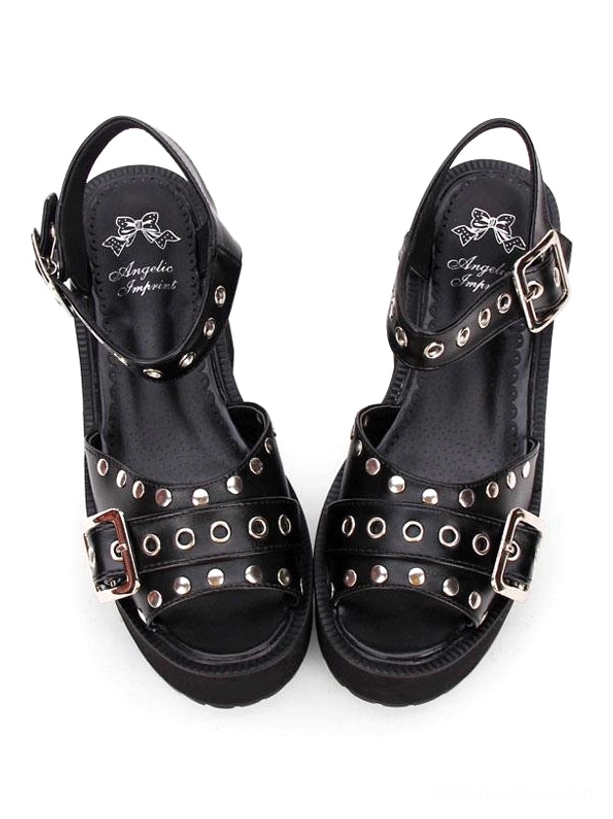 Black punk Lolita sandals front perspective showing branded insole with logo and metallic silver hardware grommet details
