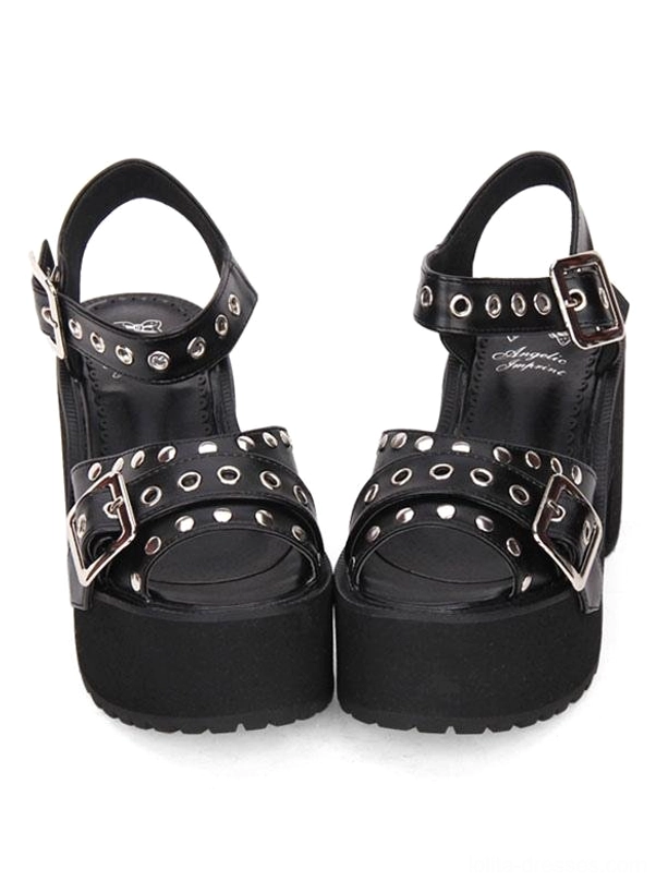 Black punk Lolita platform sandals front flat lay view showcasing dual adjustable metallic buckle straps and open toe design